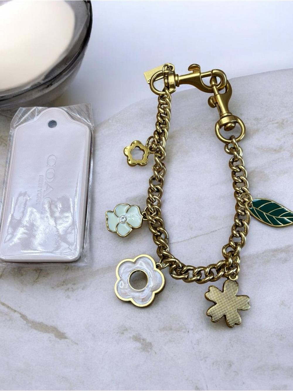 Gold-Tone Floral Charm chain for bag or phone with Green Leaf Accent and bag tag